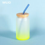 WUJOSUB Sublimation Glass Can 12oz Bamboo Lid Color Sublimation Glass Can with Straw