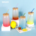 WUJOSUB Sublimation Glass Can 12oz Bamboo Lid Color Sublimation Glass Can with Straw