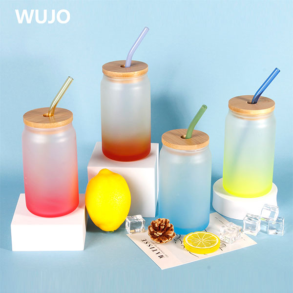 WUJOSUB Sublimation Glass Can 12oz Bamboo Lid Color Sublimation Glass Can with Straw